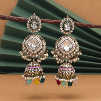 Multi Color Kundan Earrings (KDE983MLT) - Preyans.com