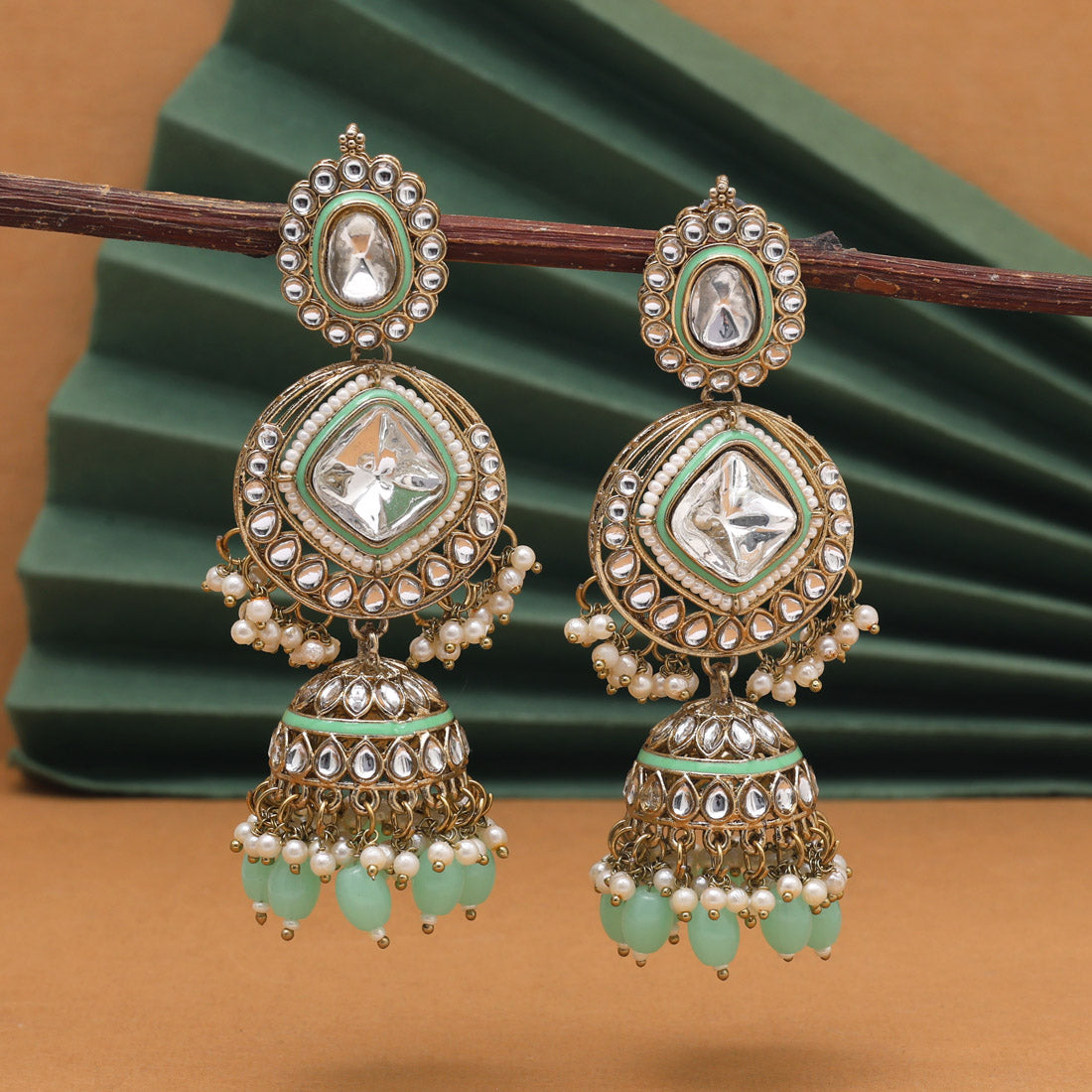 Pista Green Color Kundan Earrings (KDE983PGRN) - Preyans.com