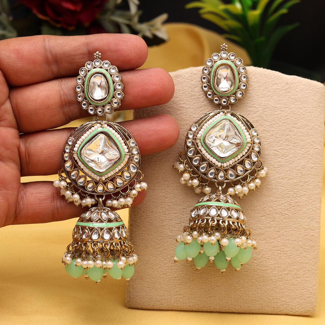 Pista Green Color Kundan Earrings (KDE983PGRN) - Preyans.com