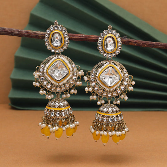 Yellow Color Kundan Earrings (KDE983YLW) - Preyans.com