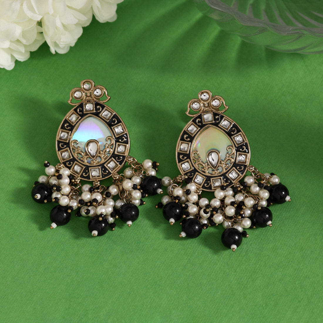 Black Color Meena Work Kundan Earrings (KDE984BLK) - Preyans.com