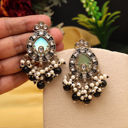 Black Color Meena Work Kundan Earrings (KDE984BLK) - Preyans.com