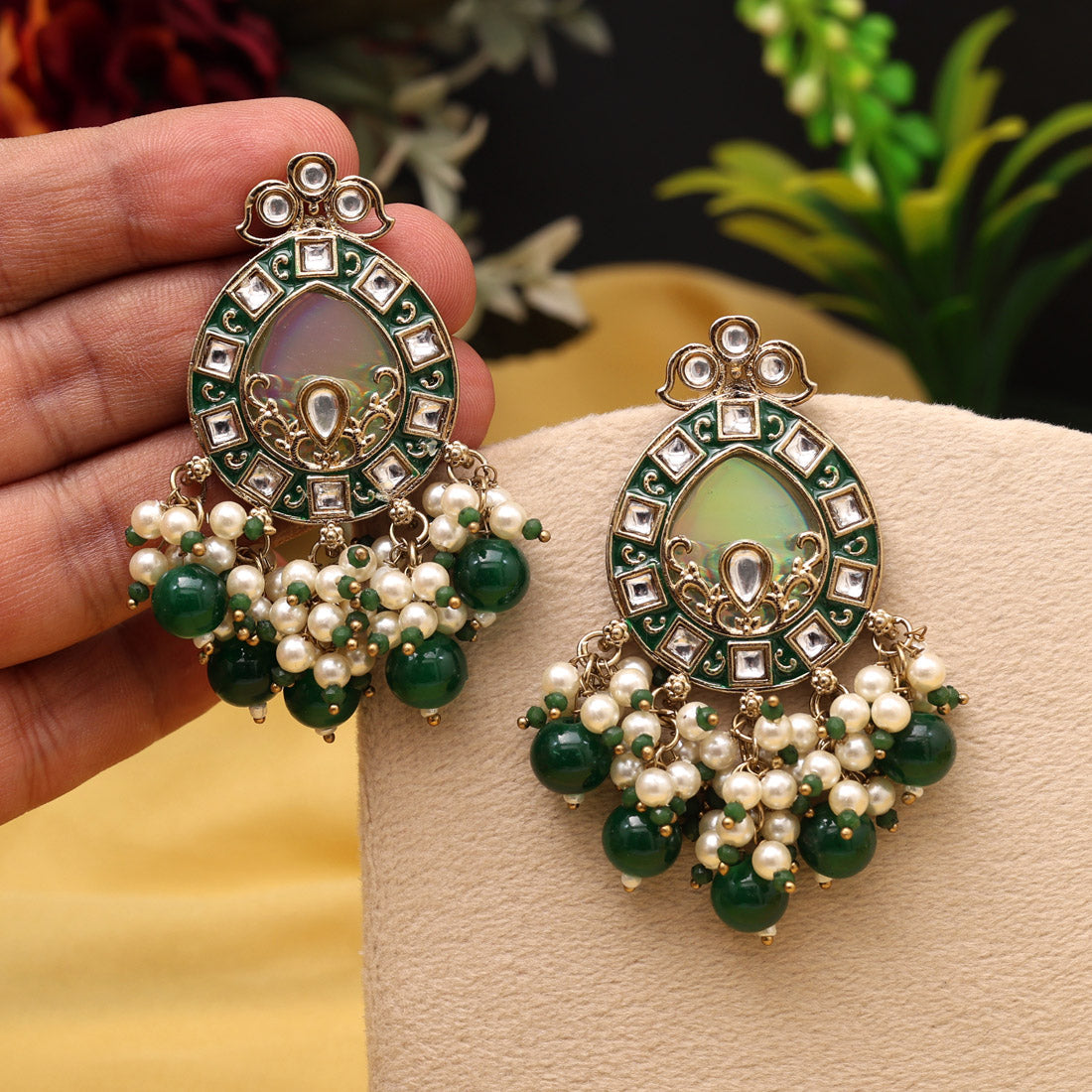 Green Color Meena Work Kundan Earrings (KDE984GRN) - Preyans.com