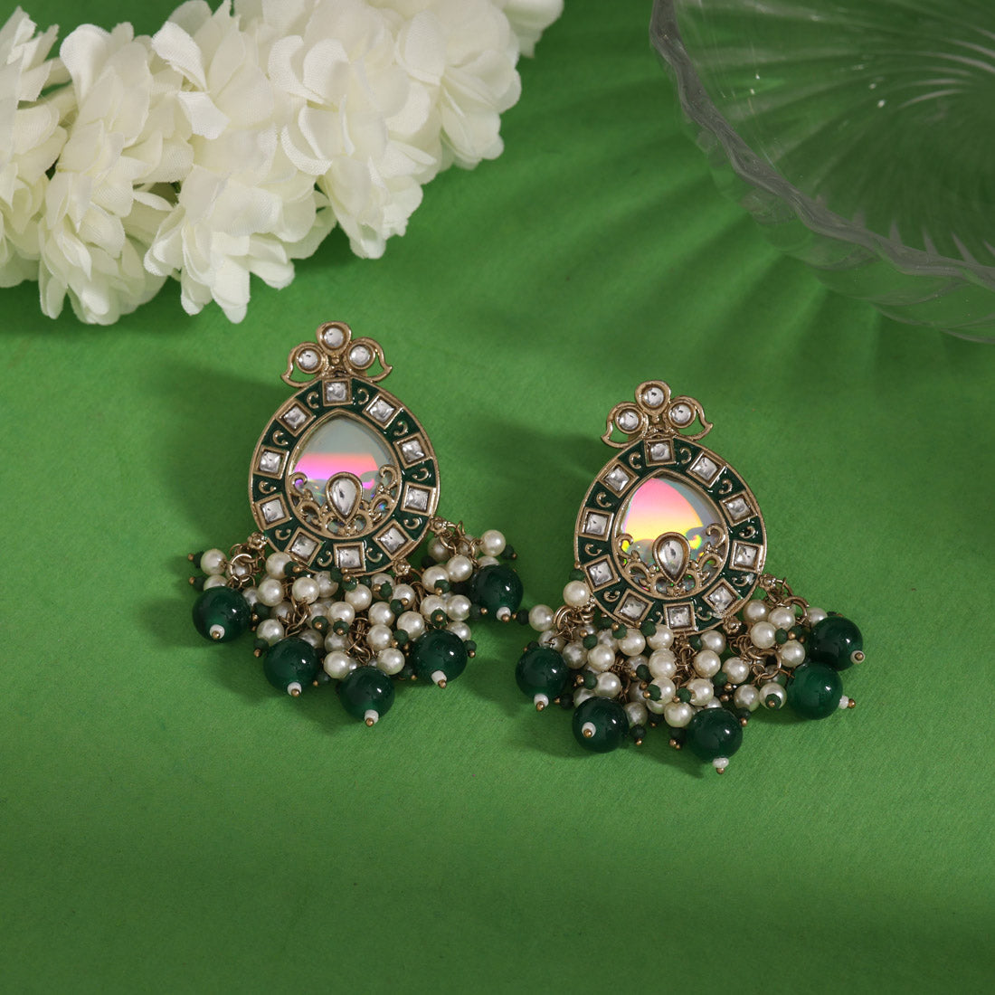 Green Color Meena Work Kundan Earrings (KDE984GRN) - Preyans.com