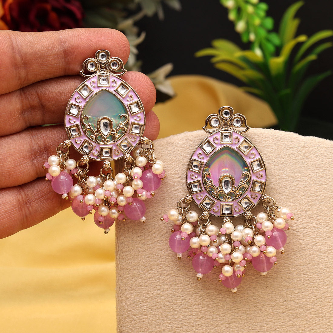 Light Purple Color Meena Work Kundan Earrings (KDE984LPRP) - Preyans.com