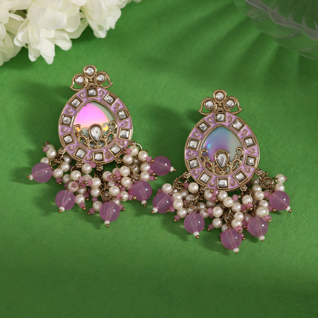 Light Purple Color Meena Work Kundan Earrings (KDE984LPRP) - Preyans.com