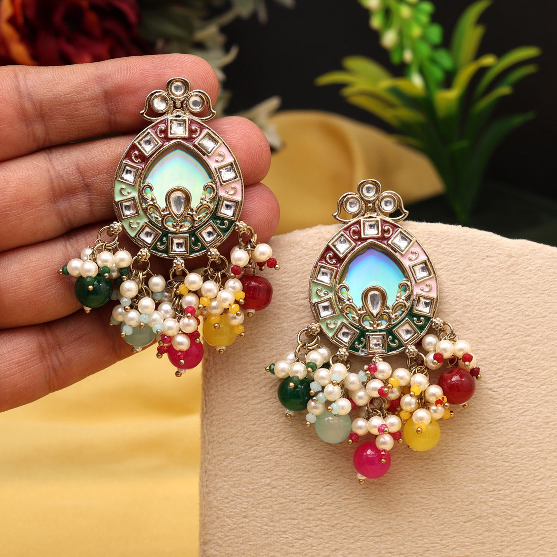 Multi Color Meena Work Kundan Earrings (KDE984MLT) - Preyans.com