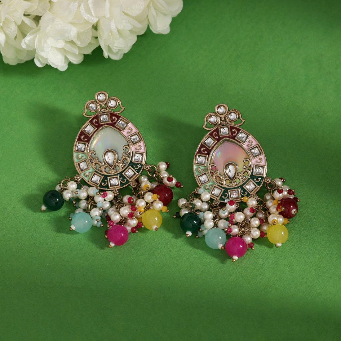 Multi Color Meena Work Kundan Earrings (KDE984MLT) - Preyans.com