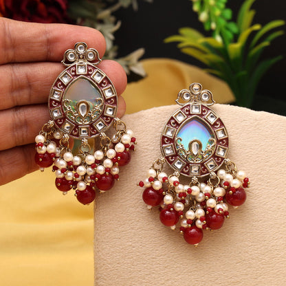 Maroon Color Meena Work Kundan Earrings (KDE984MRN) - Preyans.com