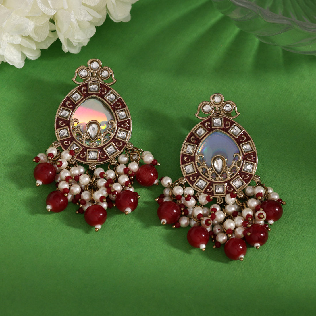 Maroon Color Meena Work Kundan Earrings (KDE984MRN) - Preyans.com