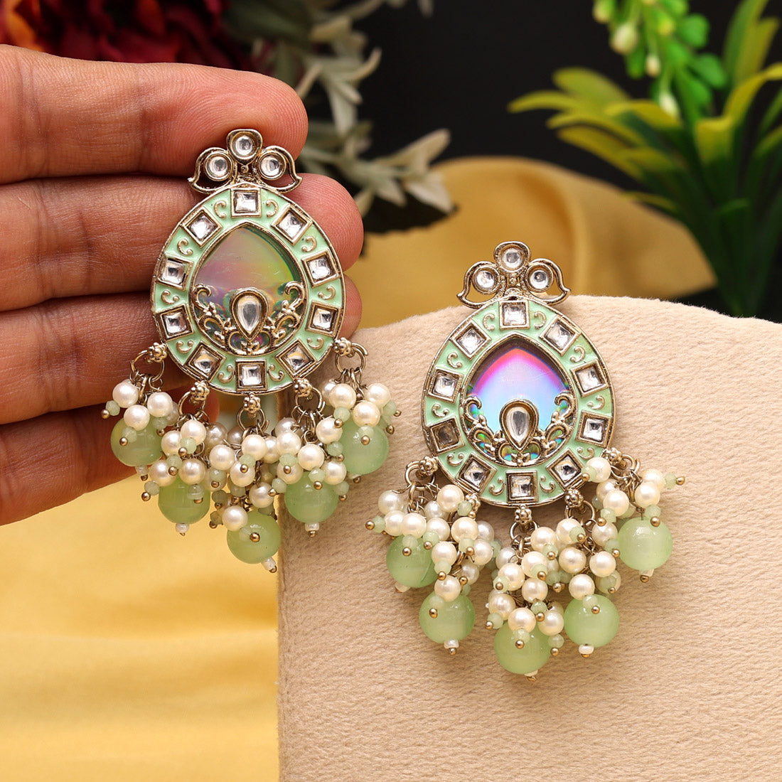 Pista Green Color Meena Work Kundan Earrings (KDE984PGRN) - Preyans.com