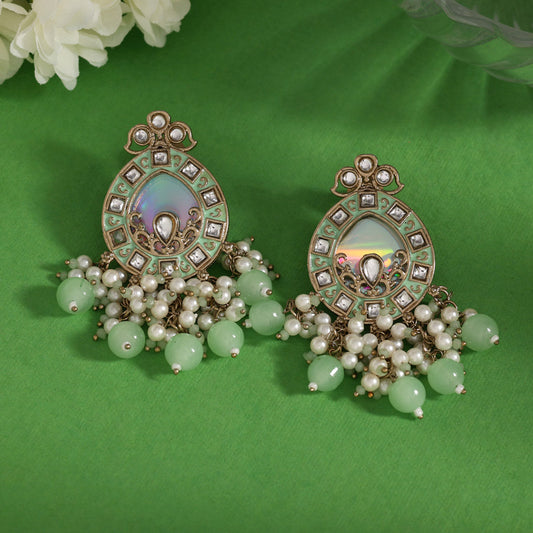 Pista Green Color Meena Work Kundan Earrings (KDE984PGRN) - Preyans.com