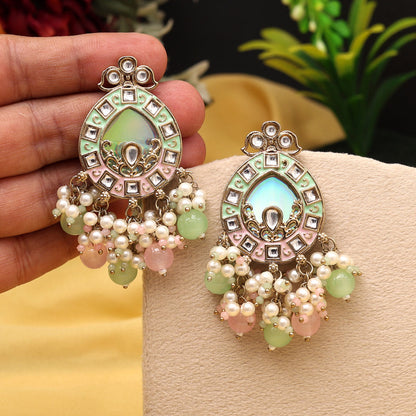 Pink & Purple Color Meena Work Kundan Earrings (KDE984PNKPGRN) - Preyans.com