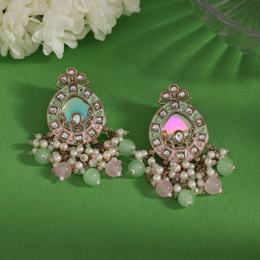 Pink & Purple Color Meena Work Kundan Earrings (KDE984PNKPGRN) - Preyans.com