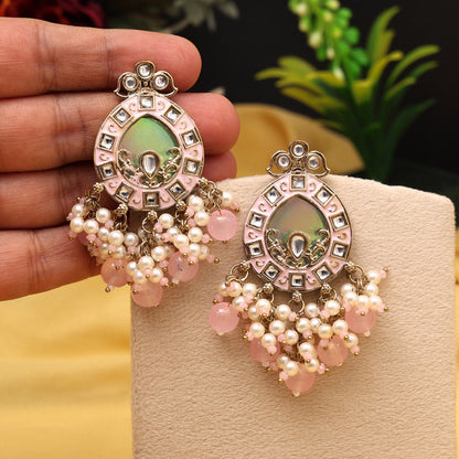 Pink Color Meena Work Kundan Earrings (KDE984PNK) - Preyans.com