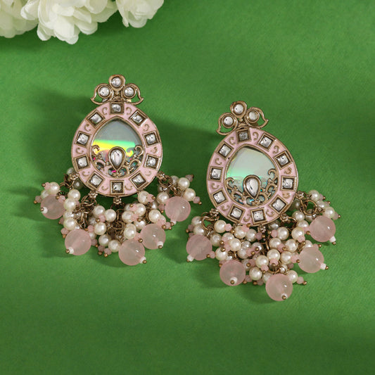 Pink Color Meena Work Kundan Earrings (KDE984PNK) - Preyans.com