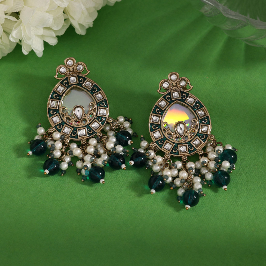 Rama Green Color Meena Work Kundan Earrings (KDE984RGRN) - Preyans.com