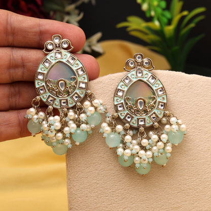 Sky Blue Color Meena Work Kundan Earrings (KDE984SBLU) - Preyans.com