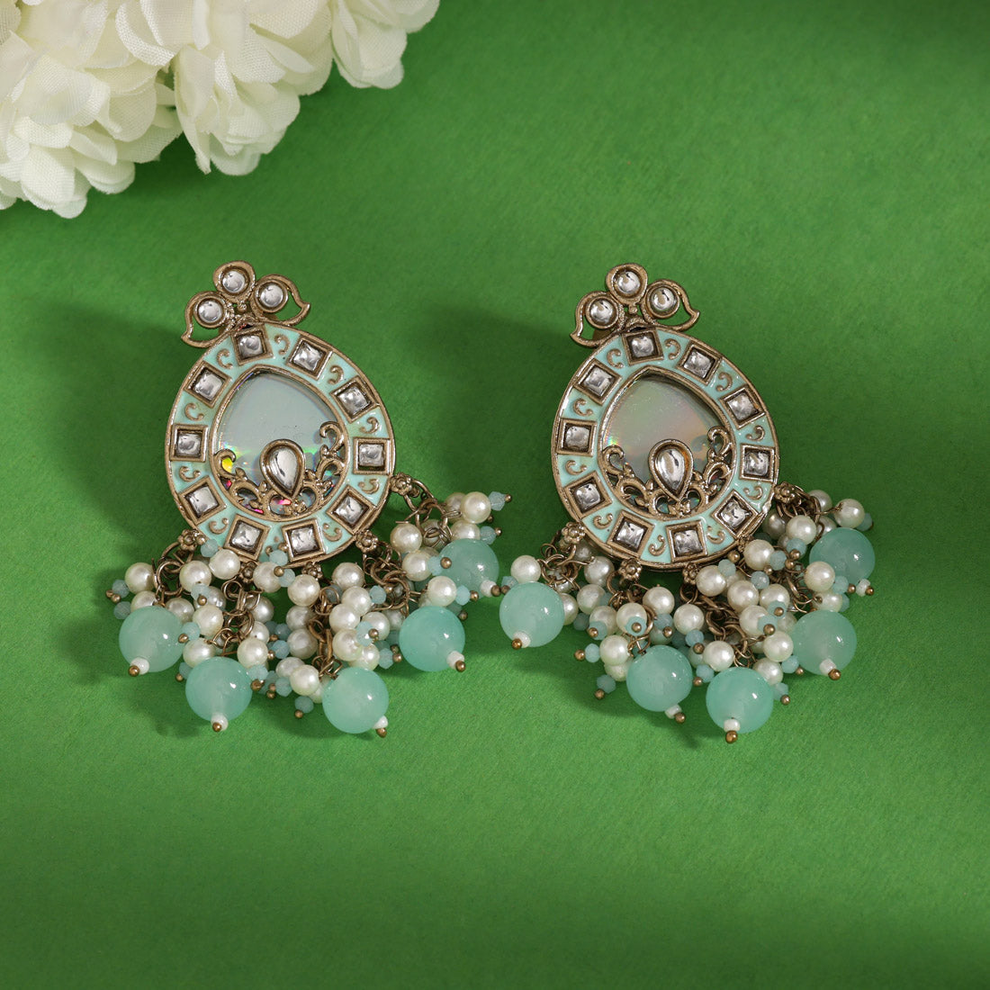 Sky Blue Color Meena Work Kundan Earrings (KDE984SBLU) - Preyans.com