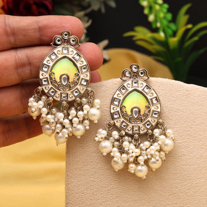 White Color Meena Work Kundan Earrings (KDE984WHT) - Preyans.com