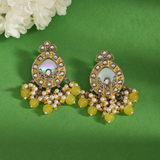 Yellow Color Meena Work Kundan Earrings (KDE984YLW) - Preyans.com