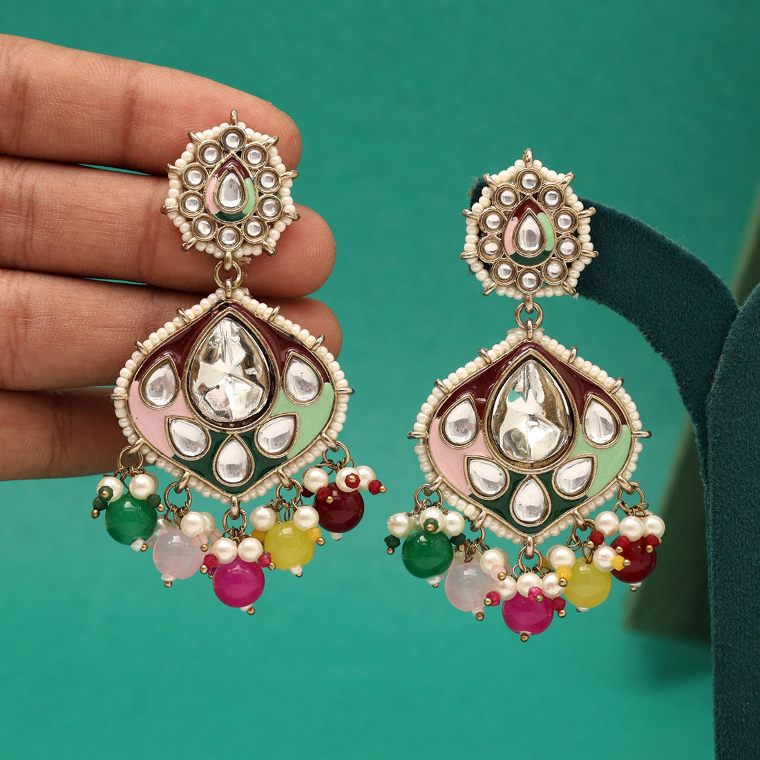 Multi Color Kundan Meenakari Earrings (KDE985MLT) - Preyans.com