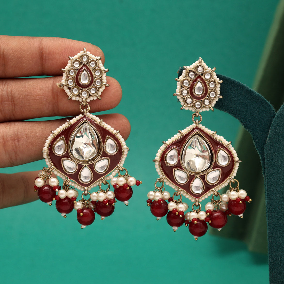 Maroon Color Kundan Meenakari Earrings (KDE985MRN) - Preyans.com