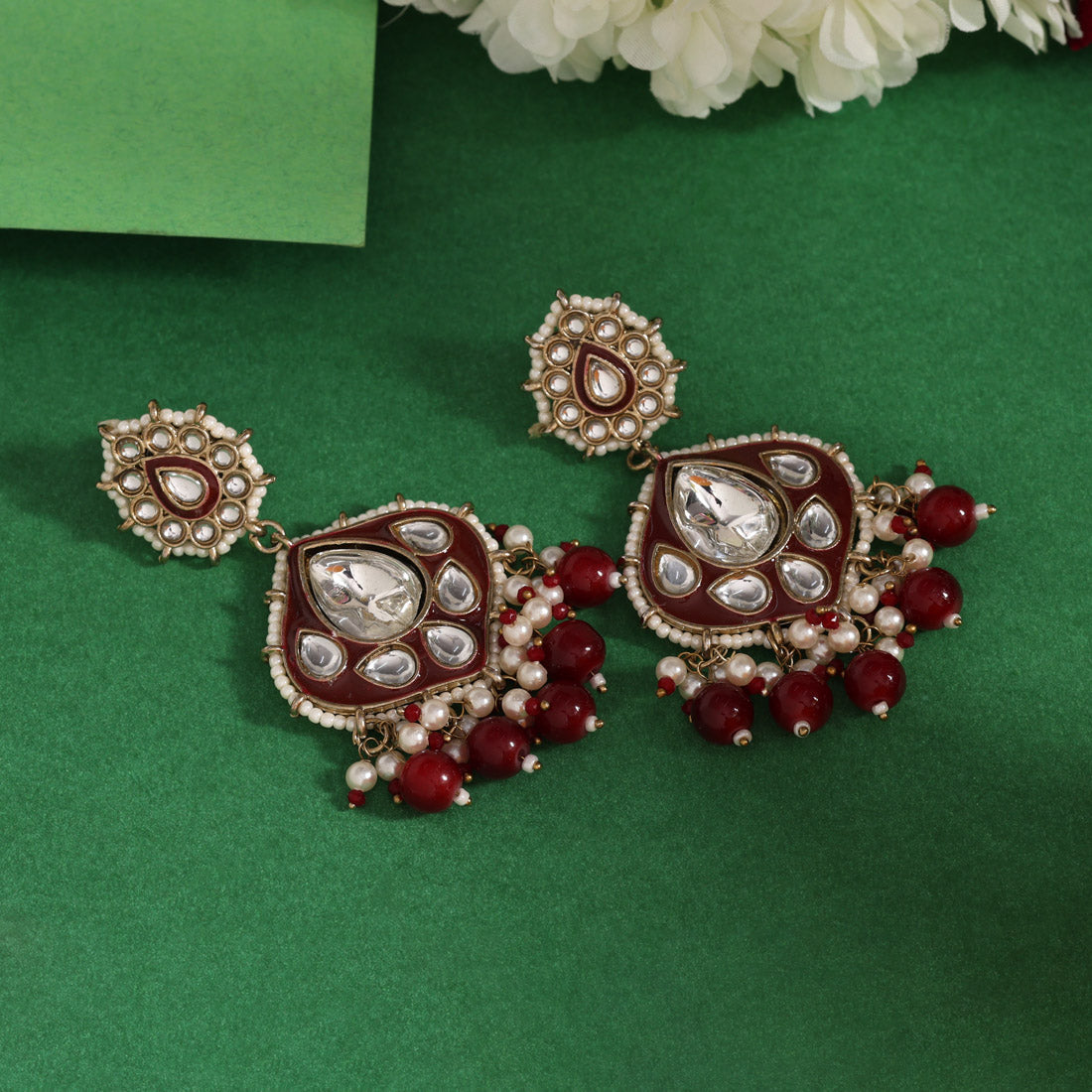 Maroon Color Kundan Meenakari Earrings (KDE985MRN) - Preyans.com