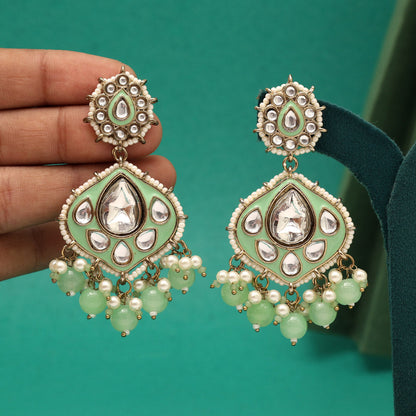 Pista Green Color Kundan Meenakari Earrings (KDE985PGRN) - Preyans.com