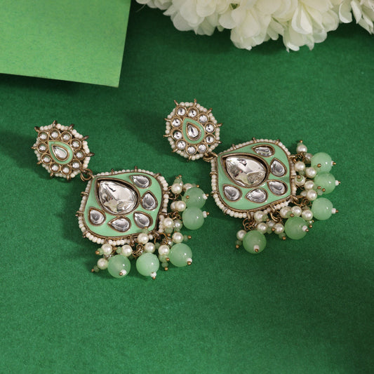 Pista Green Color Kundan Meenakari Earrings (KDE985PGRN) - Preyans.com