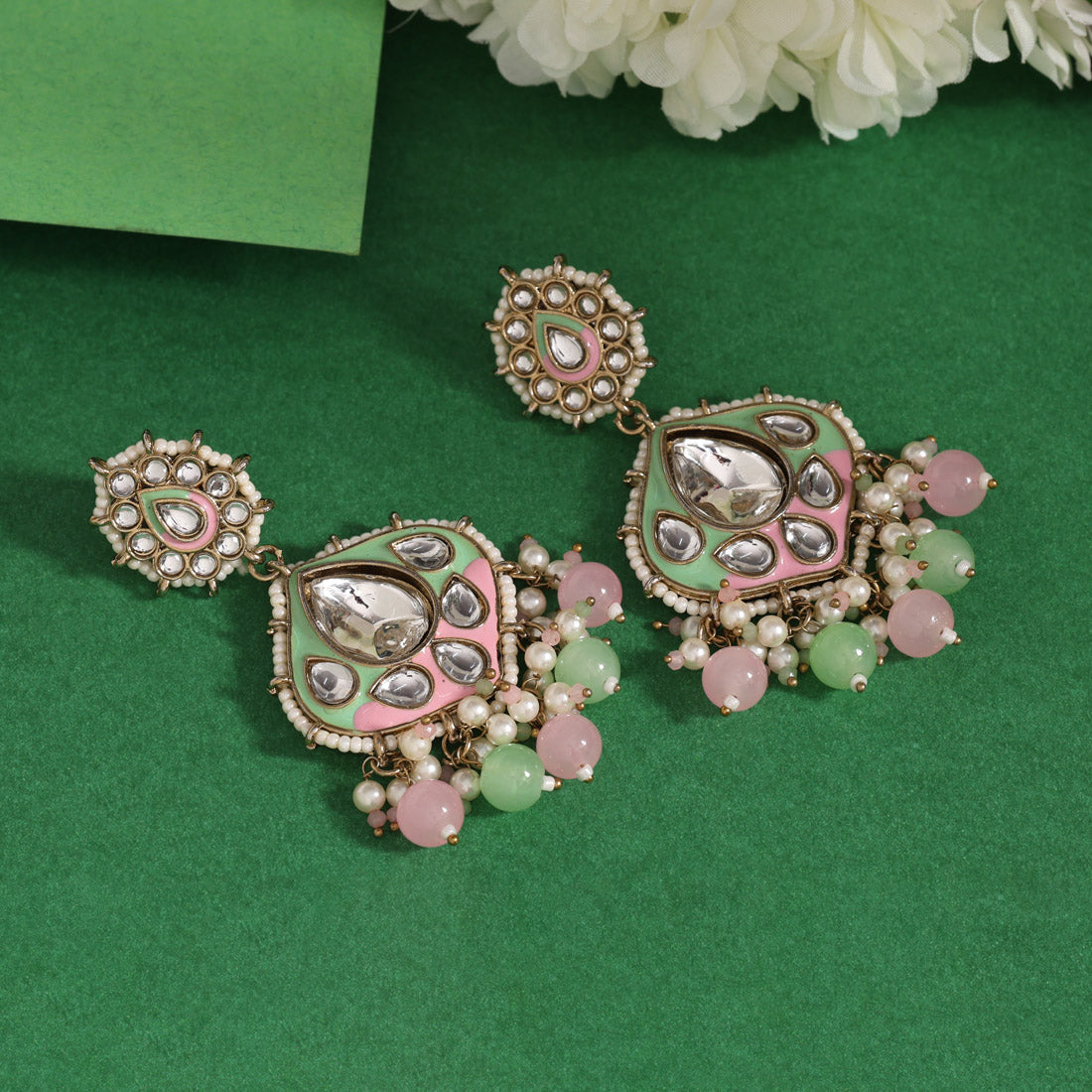 Pink Color Kundan Meenakari Earrings (KDE985PNK) - Preyans.com