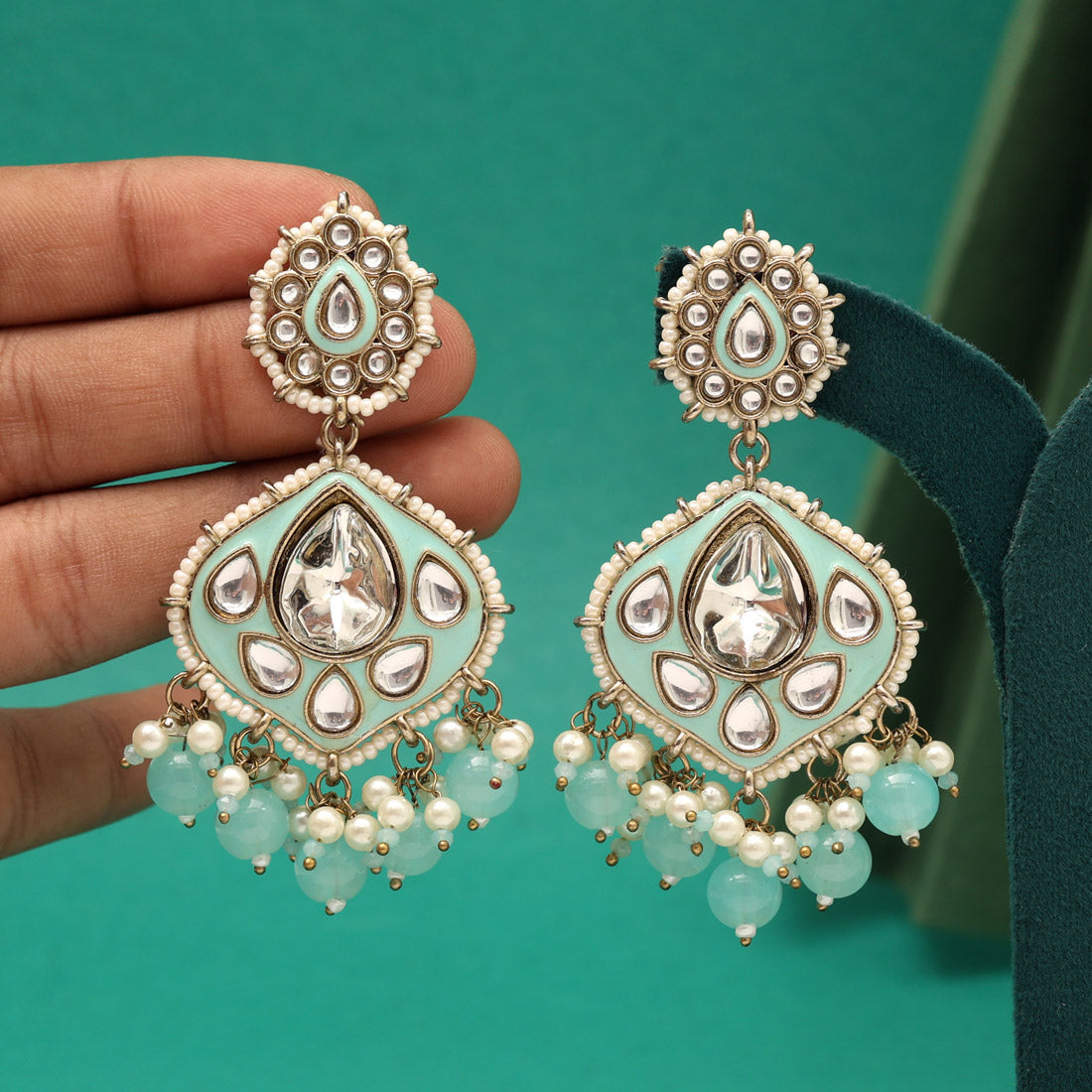 Sky Blue Color Kundan Meenakari Earrings (KDE985SBLU) - Preyans.com