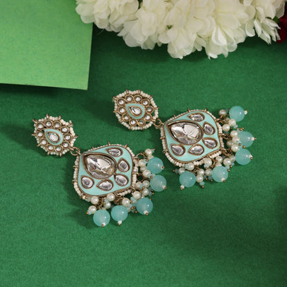 Sky Blue Color Kundan Meenakari Earrings (KDE985SBLU) - Preyans.com