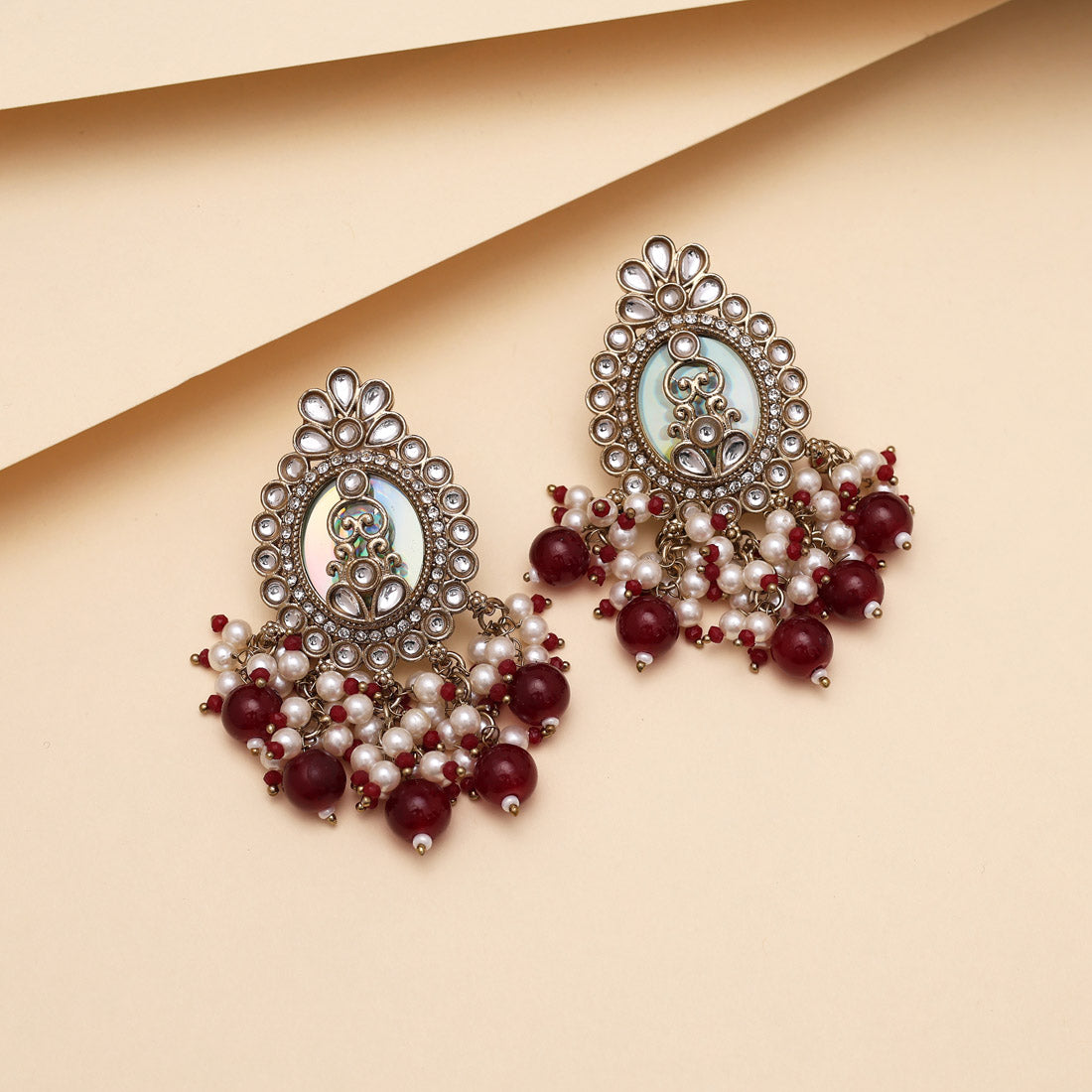 Maroon Color Kundan Earrings (KDE986MRN) - Preyans.com