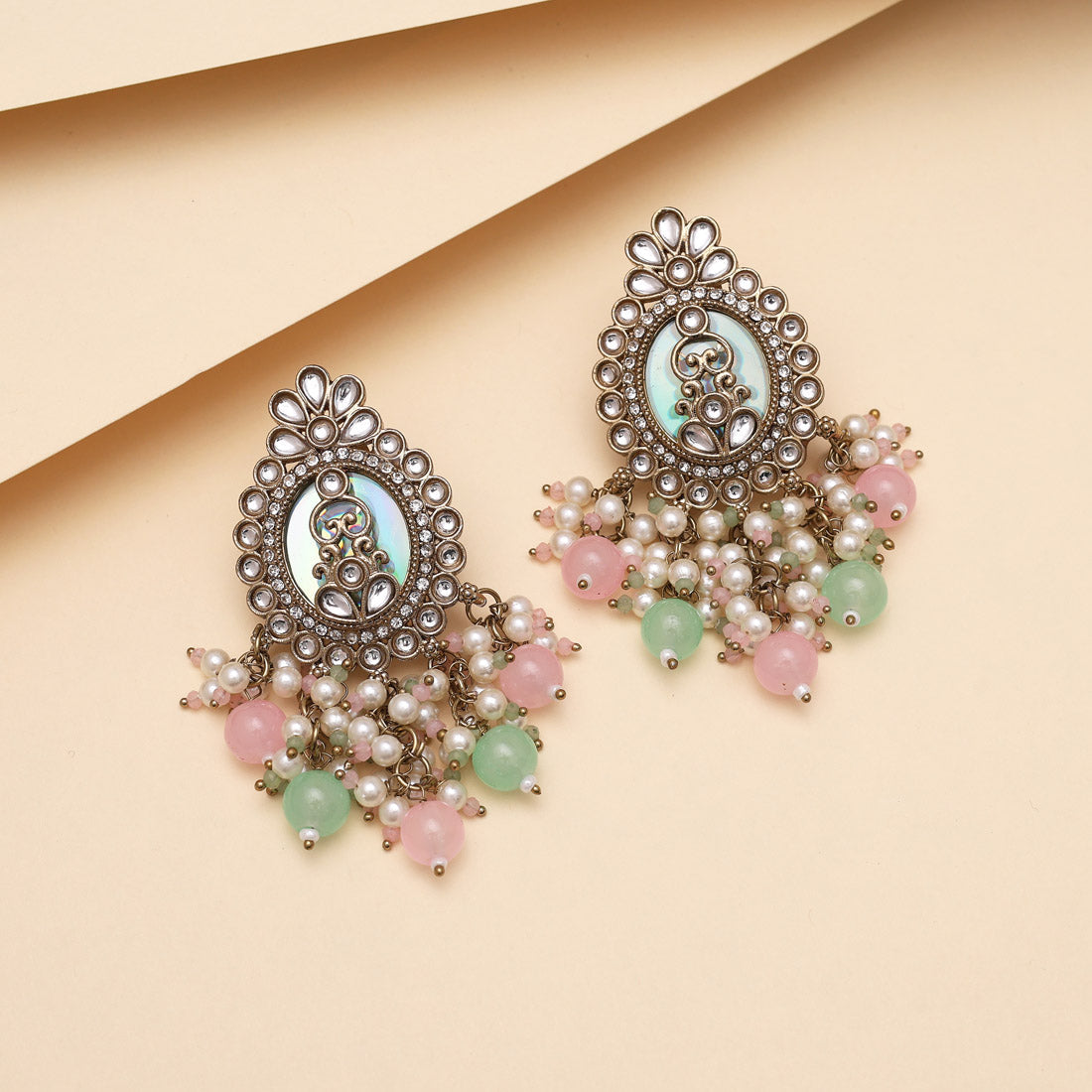 Pink & Pista Green Color Kundan Earrings (KDE986PNKPGRN) - Preyans.com