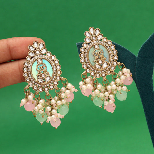 Pink & Pista Green Color Kundan Earrings (KDE986PNKPGRN) - Preyans.com