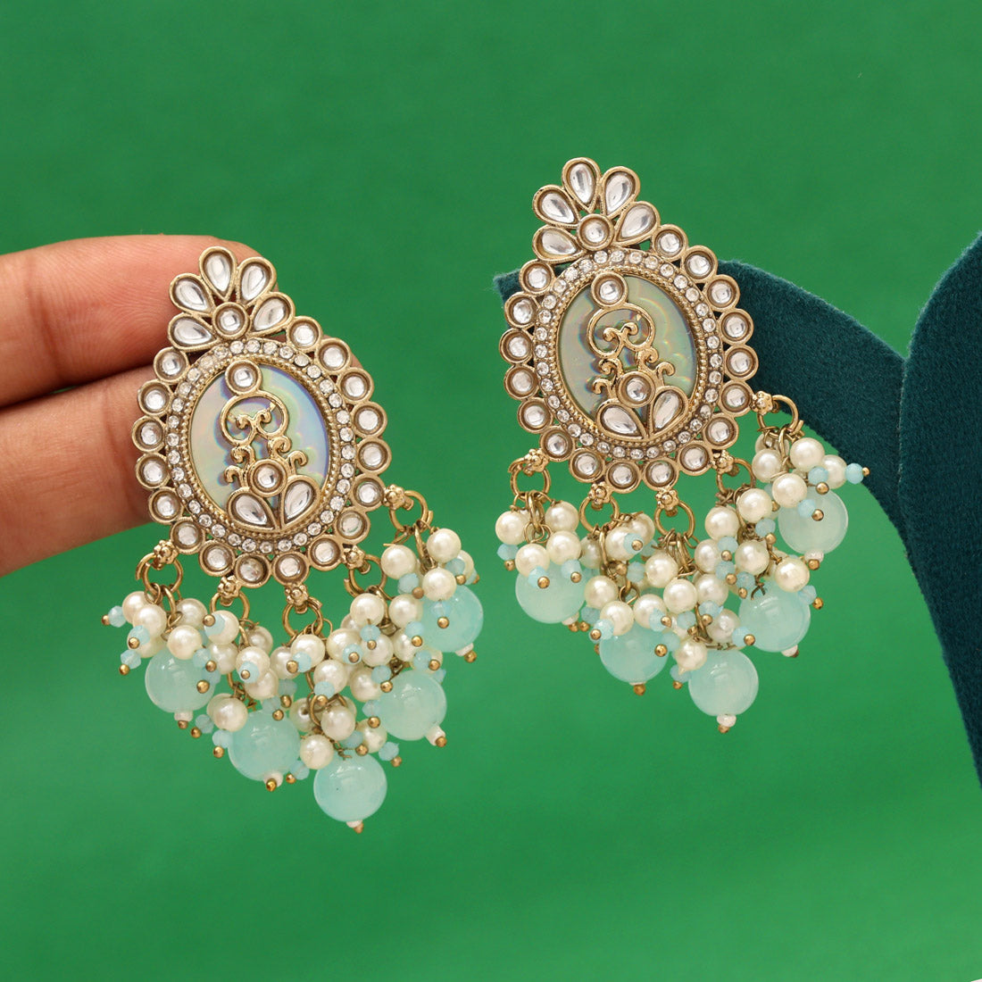 Sky Blue Color Kundan Earrings (KDE986SBLU) - Preyans.com