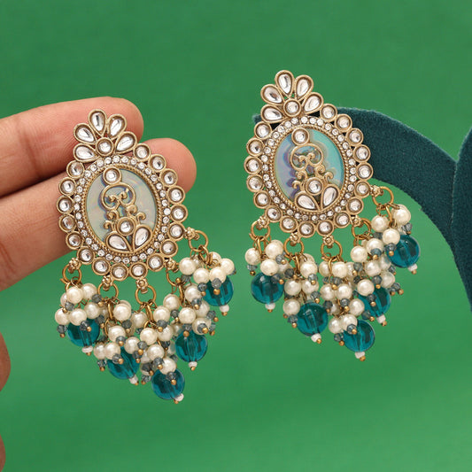 Turquoise Blue Color Kundan Earrings (KDE986TBLU) - Preyans.com