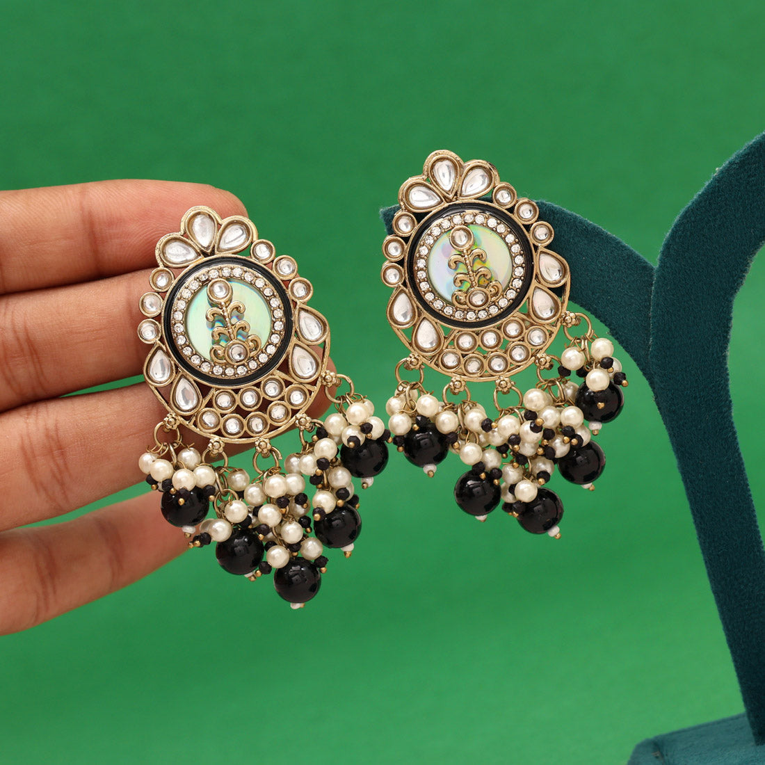 Black Color Kundan Earrings (KDE987BLK) - Preyans.com