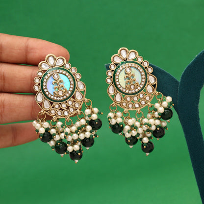 Green Color Kundan Earrings (KDE987GRN) - Preyans.com