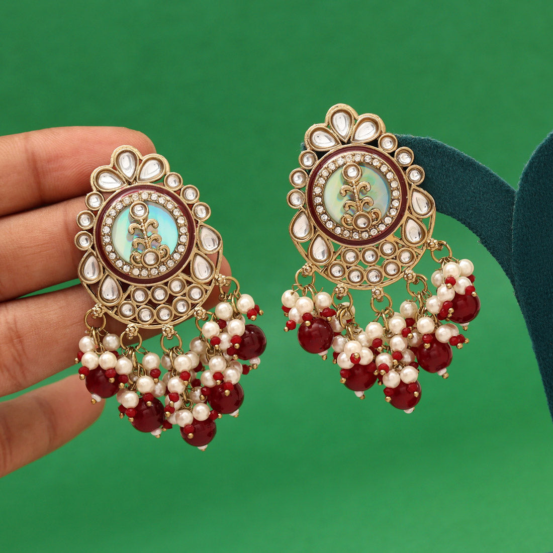 Maroon Color Kundan Earrings (KDE987MRN) - Preyans.com