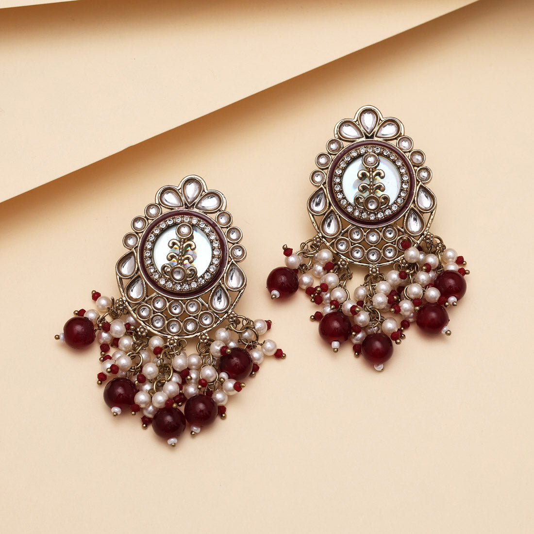 Maroon Color Kundan Earrings (KDE987MRN) - Preyans.com