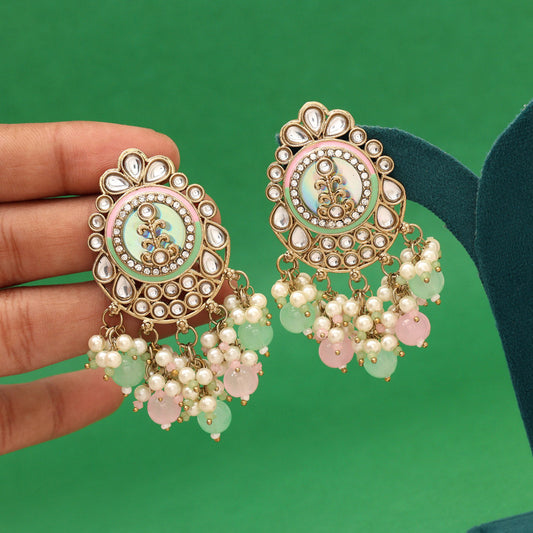 Pink & Pista Green Color Kundan Earrings (KDE987PNKPGRN) - Preyans.com