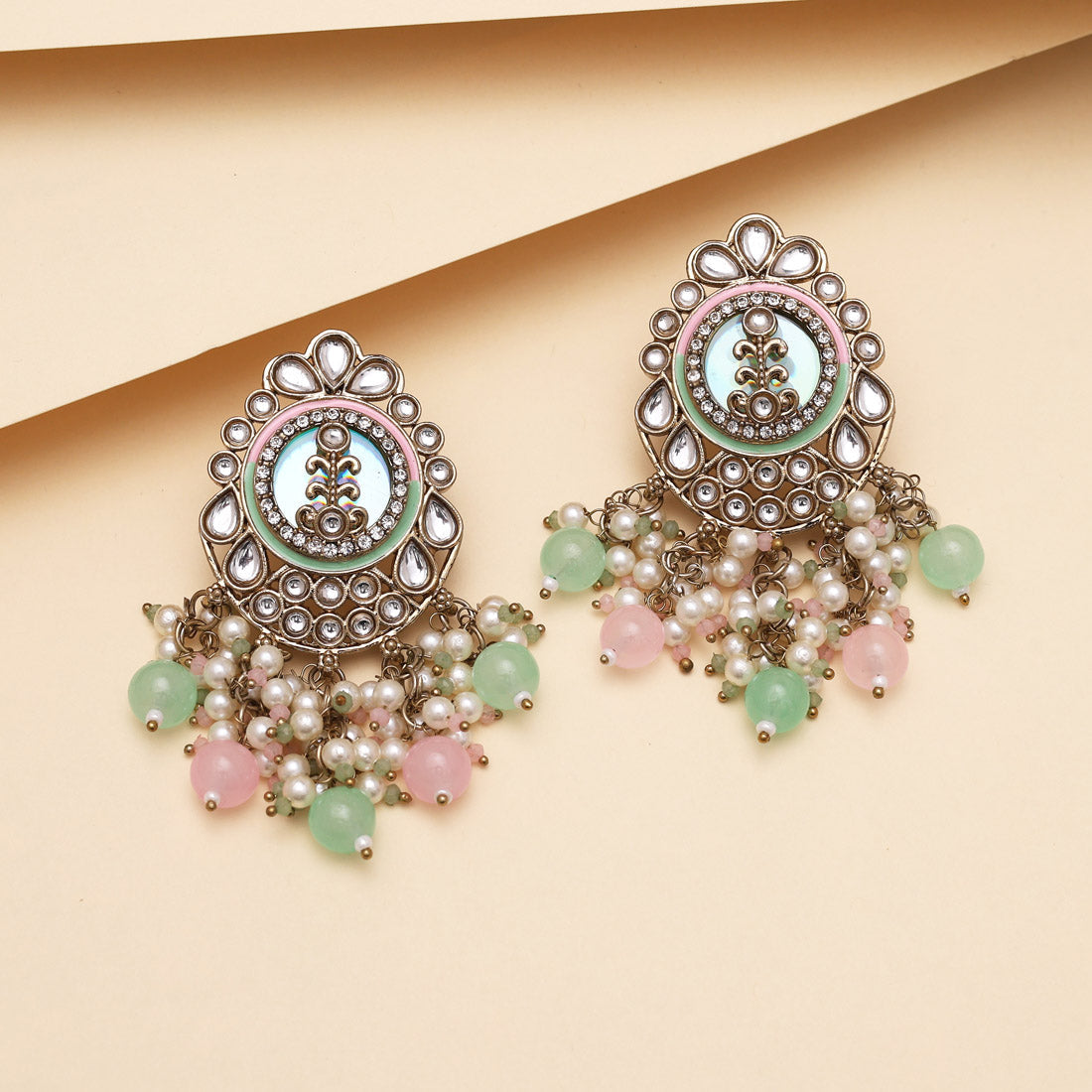 Pink & Pista Green Color Kundan Earrings (KDE987PNKPGRN) - Preyans.com