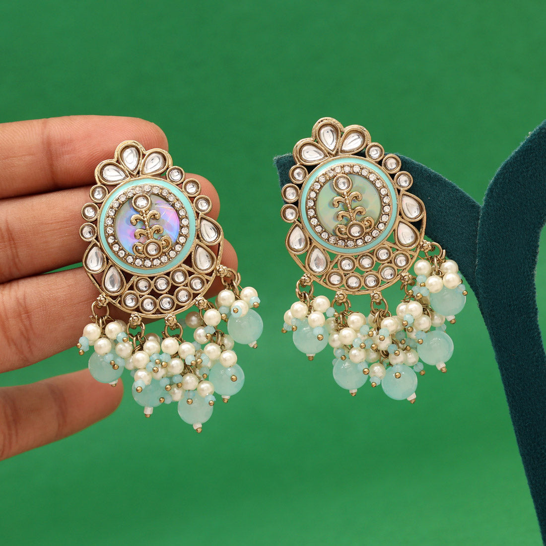 Sky Blue Color Kundan Earrings (KDE987SBLU) - Preyans.com