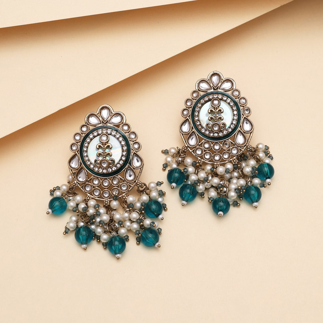 Turquoise Blue Color Kundan Earrings (KDE987TBLU) - Preyans.com