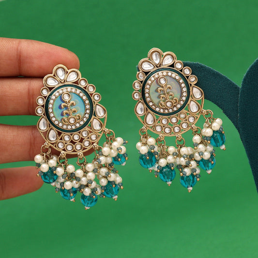 Turquoise Blue Color Kundan Earrings (KDE987TBLU) - Preyans.com