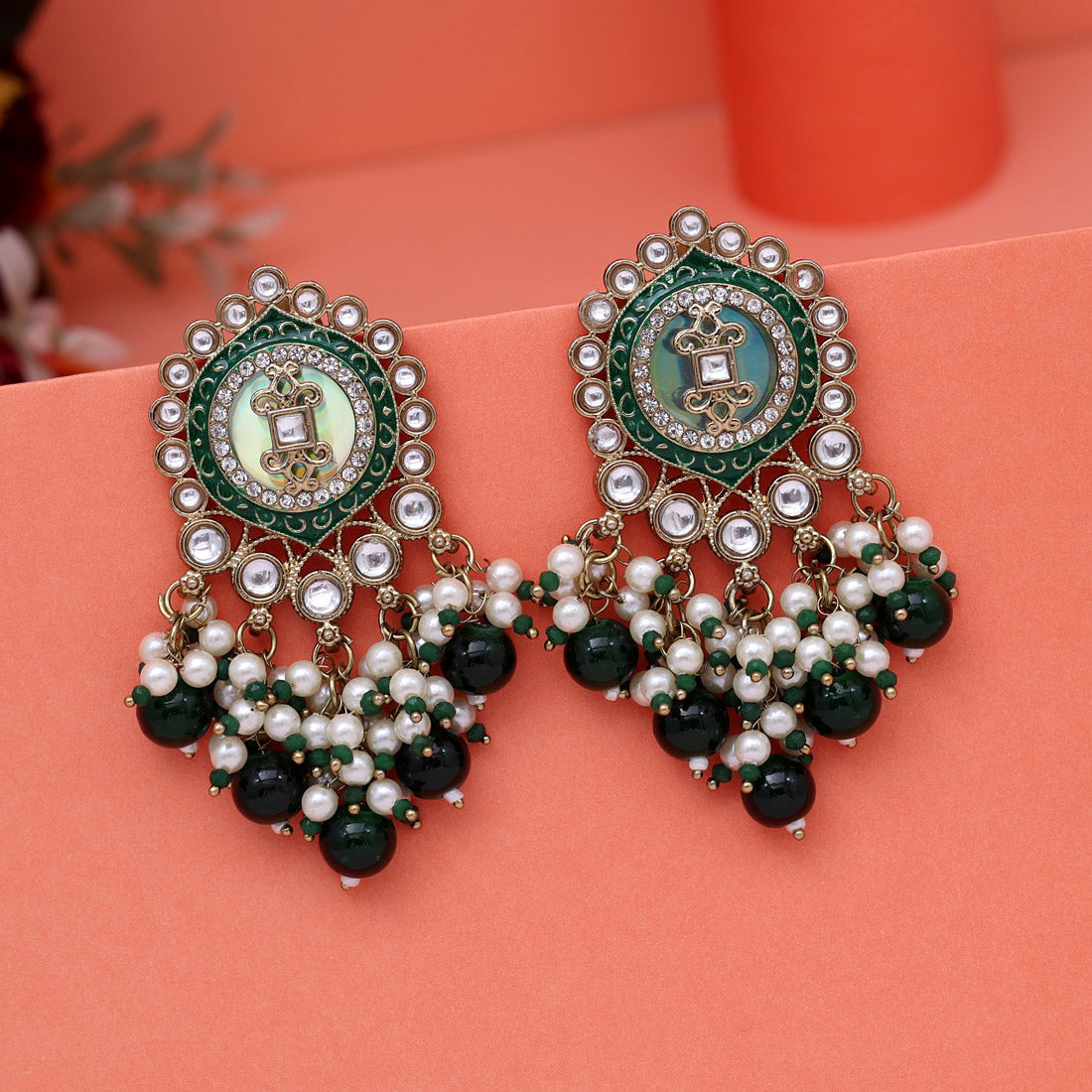 Green Color Kundan Earrings (KDE991GRN) - Preyans.com