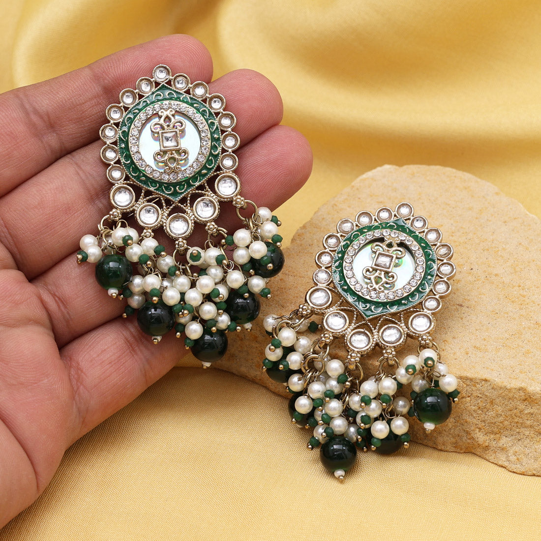 Green Color Kundan Earrings (KDE991GRN) - Preyans.com