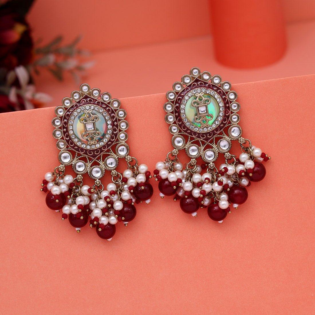 Maroon Color Kundan Earrings (KDE991MRN) - Preyans.com